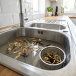 Pia de cozinha de inox entupida com água suja parada e restos de comida no ralo.