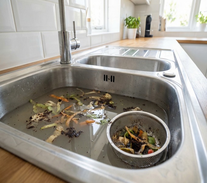 Pia de cozinha de inox entupida com água suja parada e restos de comida no ralo.