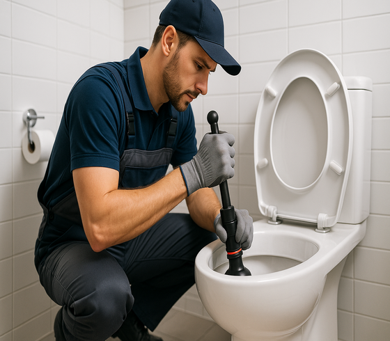 Técnico desentupindo vaso sanitário